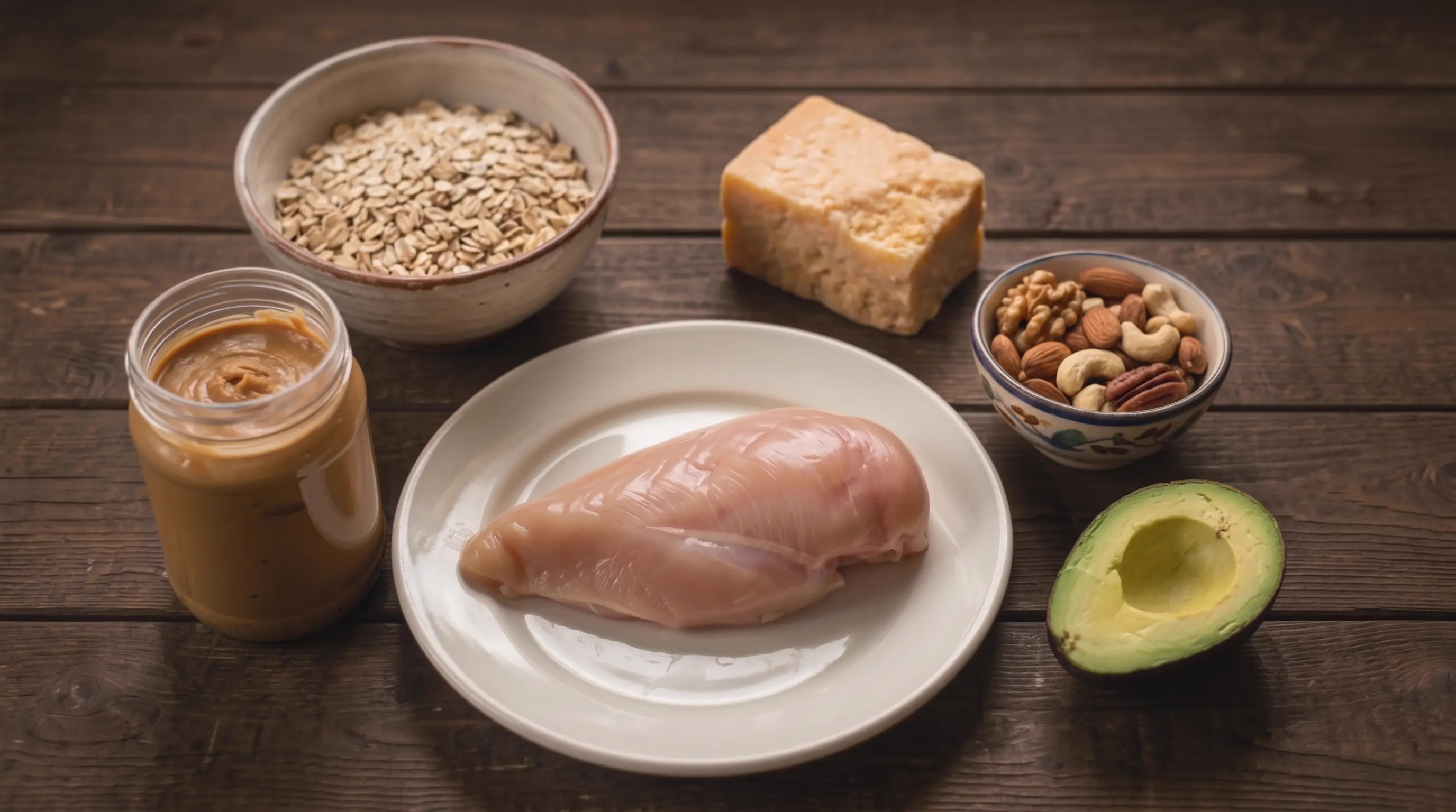 Calorie-dense foods and a protein shake representing a lean bulk without force-feeding