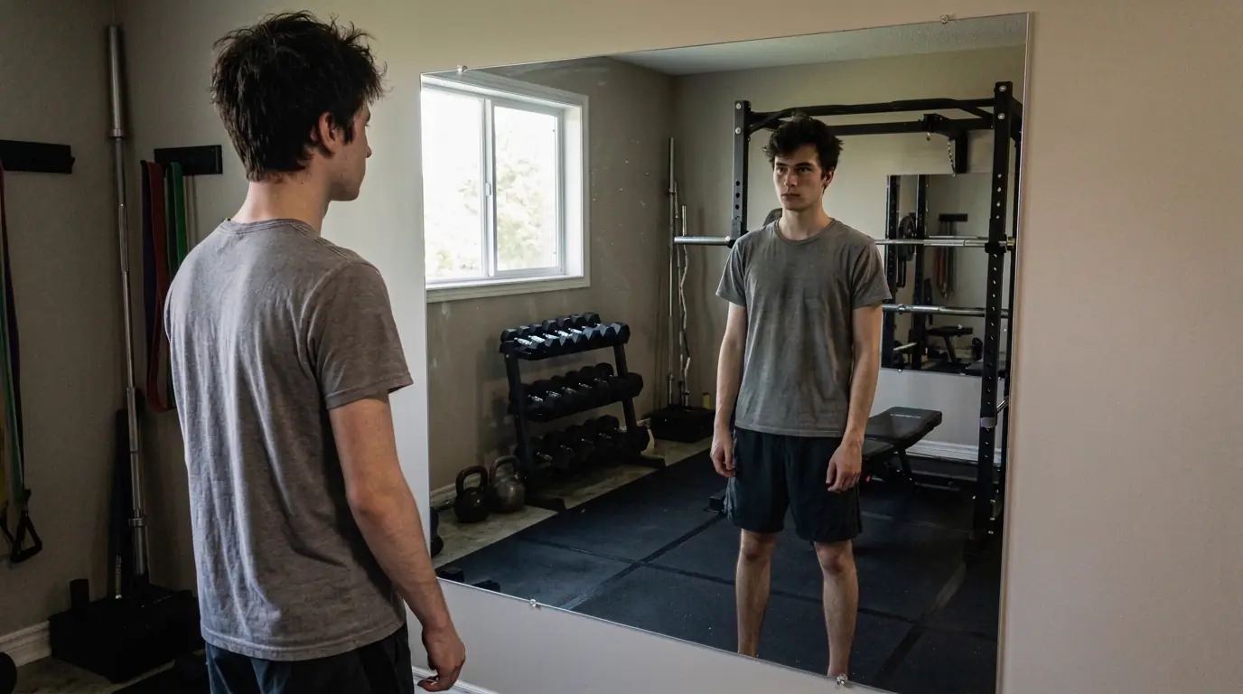 Frustrated lifter working out but not gaining weight looking at gym mirror reflection